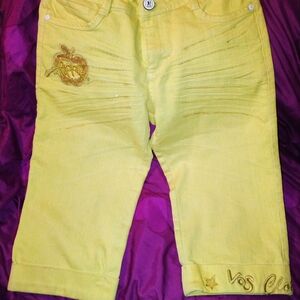 Yellow Capri Pants with Embroidered Details
